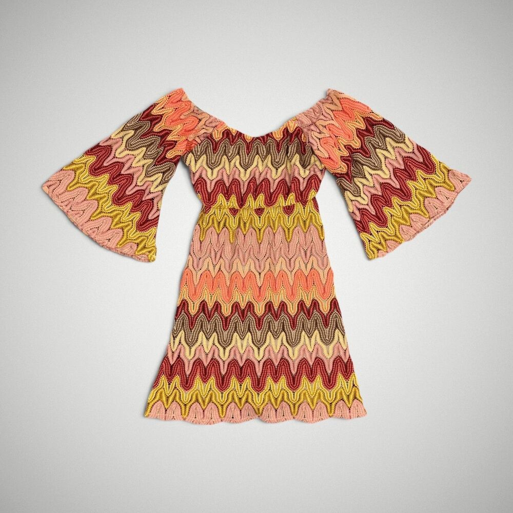 Judith March Mini Dress Open Weave Fabric Lined Chevron Bell Sleeve Size Small